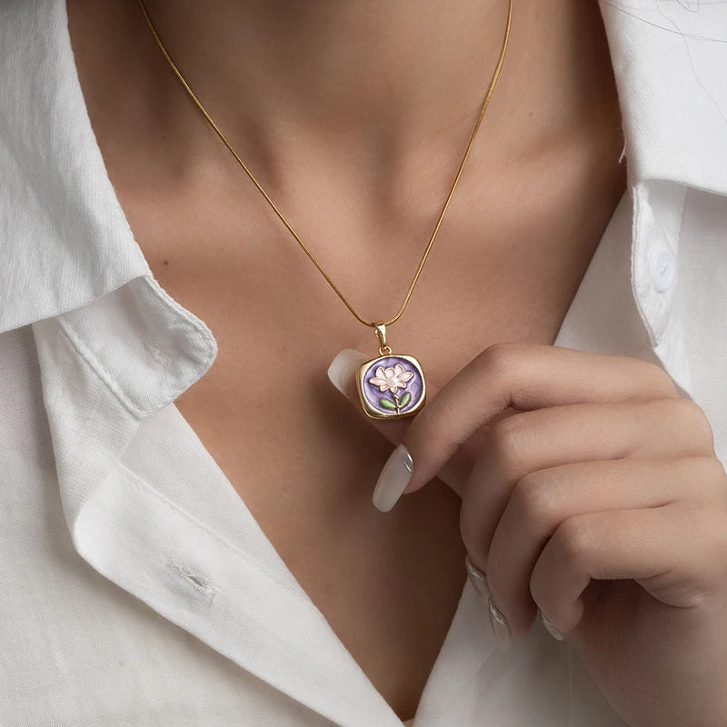 ANENJERY 316L Stainless Steel Colorful Square Lotus Necklace For Women Summer Holiday Glamorous Jewelry Gift Wholesale