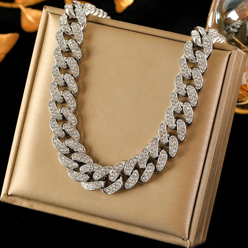 EILIECK Exquisite Geometric Thick Cuban Chain Necklace Bracelet Set Trendy Collar Punk Zirconia Collar Jewelry Women Men New