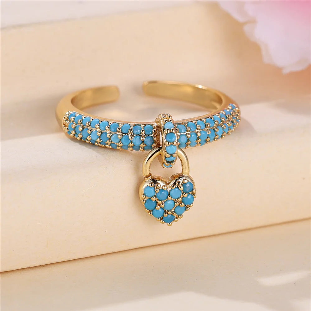 Charm Female Water Blue Crytal Adjustable Love Heart Open Ring Gold Color Cute Gift Wedding Jewelry For Women