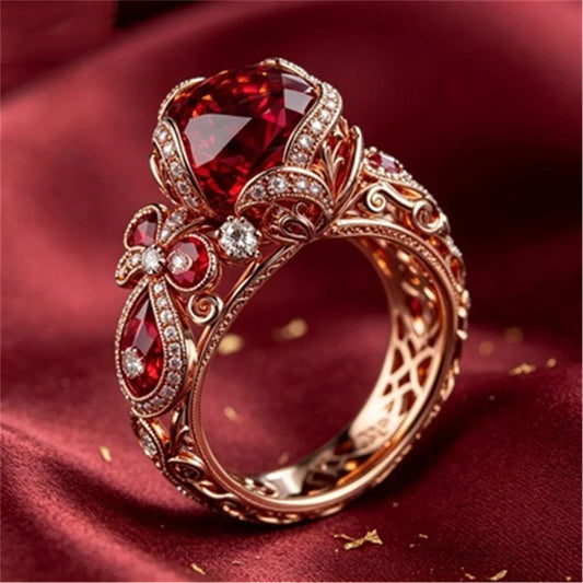 Small Exquisite Flower Charm Elegant Female Red Zircon Stone New Fashion Ring Vintage Gold Color Wedding Jewelry For Women
