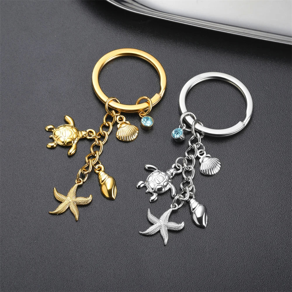 Turtle Starfish Shell Keychain Ocean Theme Stainless Steel Seashell Conch Crystal Charms Key Ring Fashion Beach Bag Holiday Gift