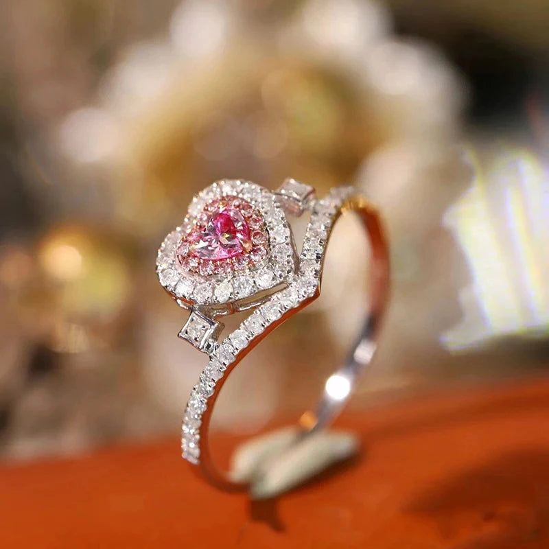 Luxury Heart Shape Pink 925 Silver Color Cute Fashion Promise Ring for Women Girl Party Wedding Gift Trendy Jewelry