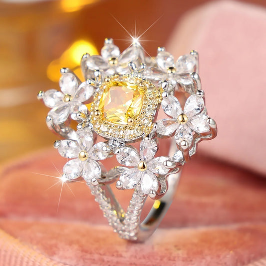 Small Flower Charm Female Yellow Trendy Square Zircon Stone Ring Vintage Silver Color Wedding Jewelry For Women