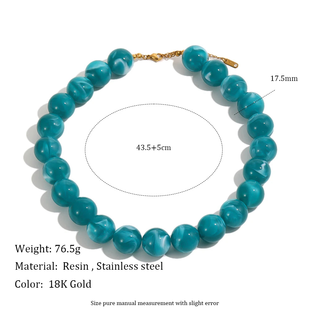E.B.belle Colorful Marbled Resin Bead Necklace Hypoallergenic Chunky Beaded Chain Bohemian Holiday Women Jewelry Accessories