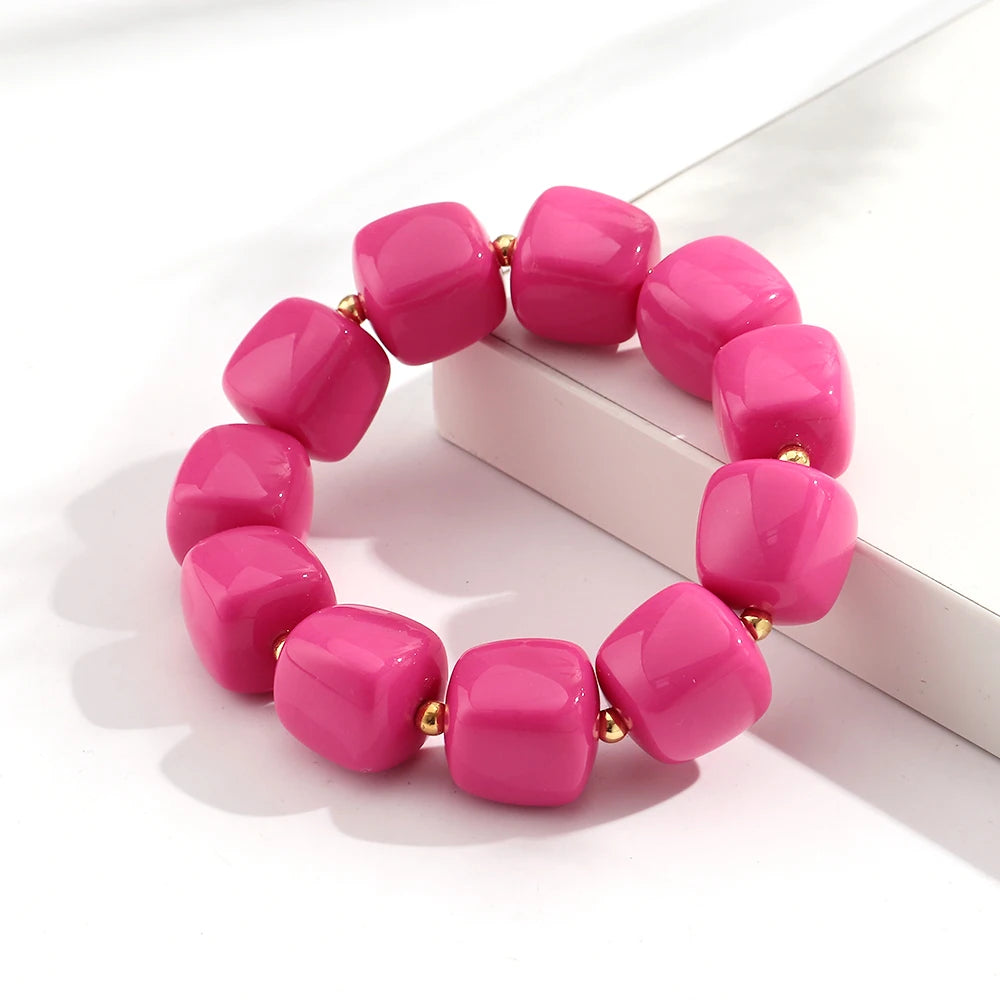 New Pink Square Breaded Elastic Bracelets for Women Resin Geometric Beads Stretch Cuff Bangle Bracelets Fashion Jewelry