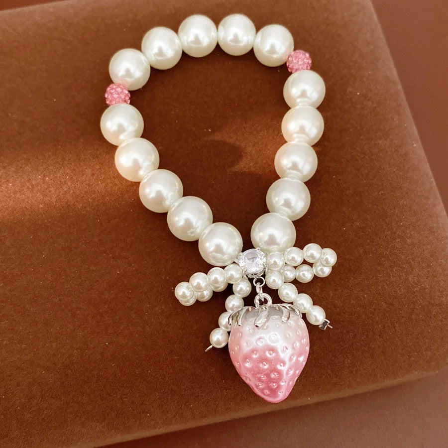 Zircon Beaded Bow Resin Strawberry Pearl Bracelets Light Luxury High Grade Bangle for Women Sweet Elegant Hand Jewelry
