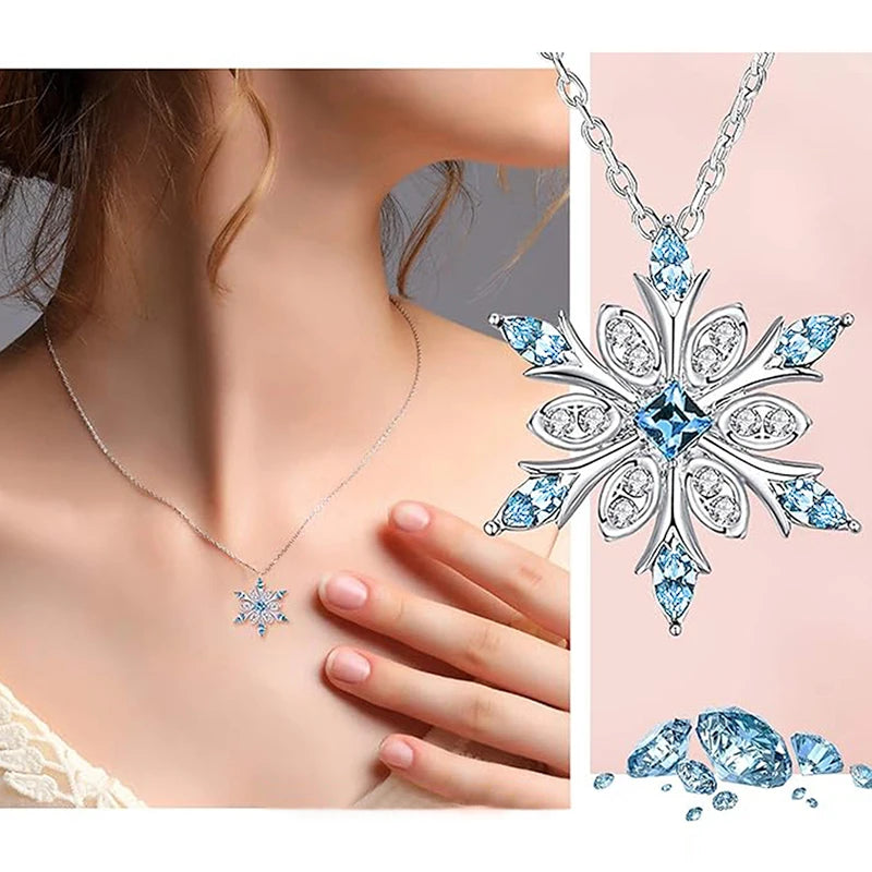 Huitan Christmas Snowflake Pendant Necklace Lady Chic Bright White&Blue Zirconia Accessories Exquisite New Year's Gift Jewelry