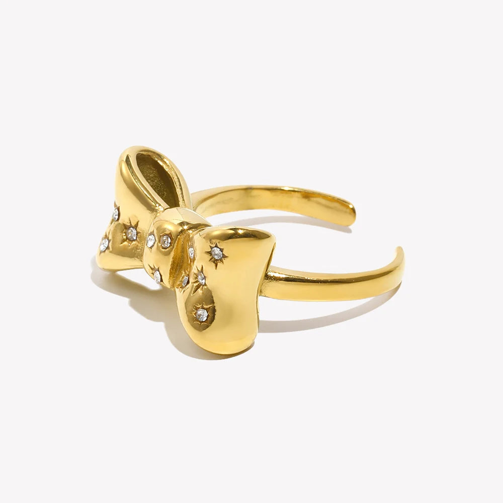 E.B.belle Micro Inlaid Bow Open Ring Waterproof Silver Color 316L Stainless Steel Decoration 18K Gold Plated Jewelry
