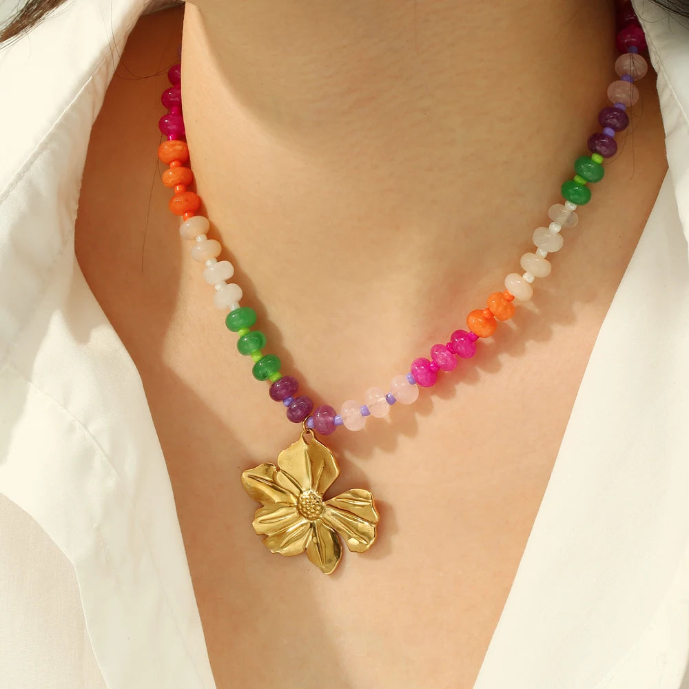 Badu Rainbow Gemstone Stainless Steel Flower Heart Shape Pendant Necklace for Women Boho Vacation Party Jewelry Gift Waterproof