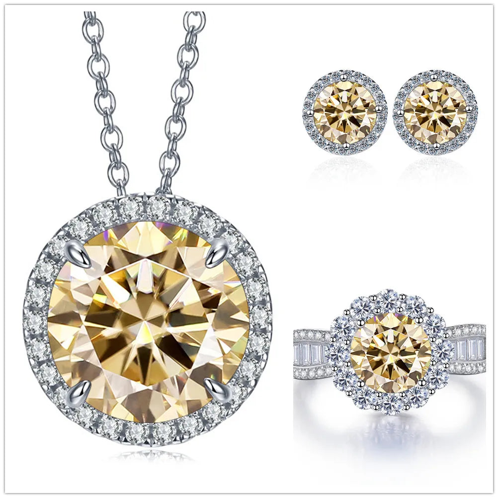 Total 9 Carat Moissanite Jewelry Set 925 Sterling Silver Ring Earrings Necklace Jewelry Pass Diamond Test with Black Card Gift