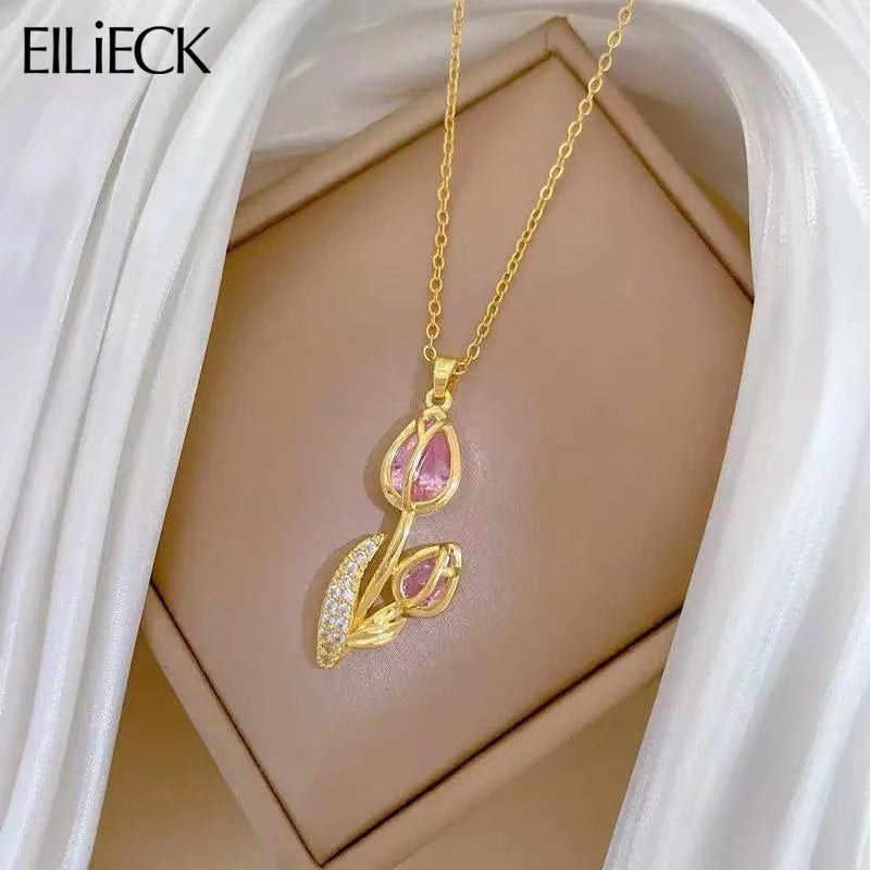 EILIECK New Tulip Flower Cubic Zirconia Chain Necklace Stainless Steel Fashion Collar Necklace Jewelry for Women Bijoux Gift