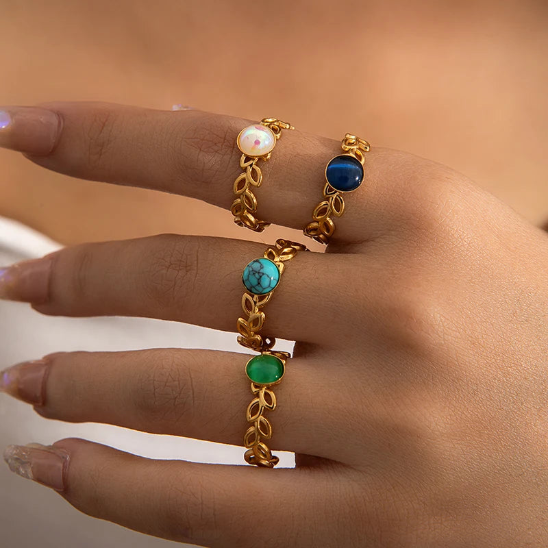 ANENJERY 316L Stainless Steel Hollow Leaf Colorful Stone Open Ring for Women Men Simple Jewelry Gifts Daily Wholesale