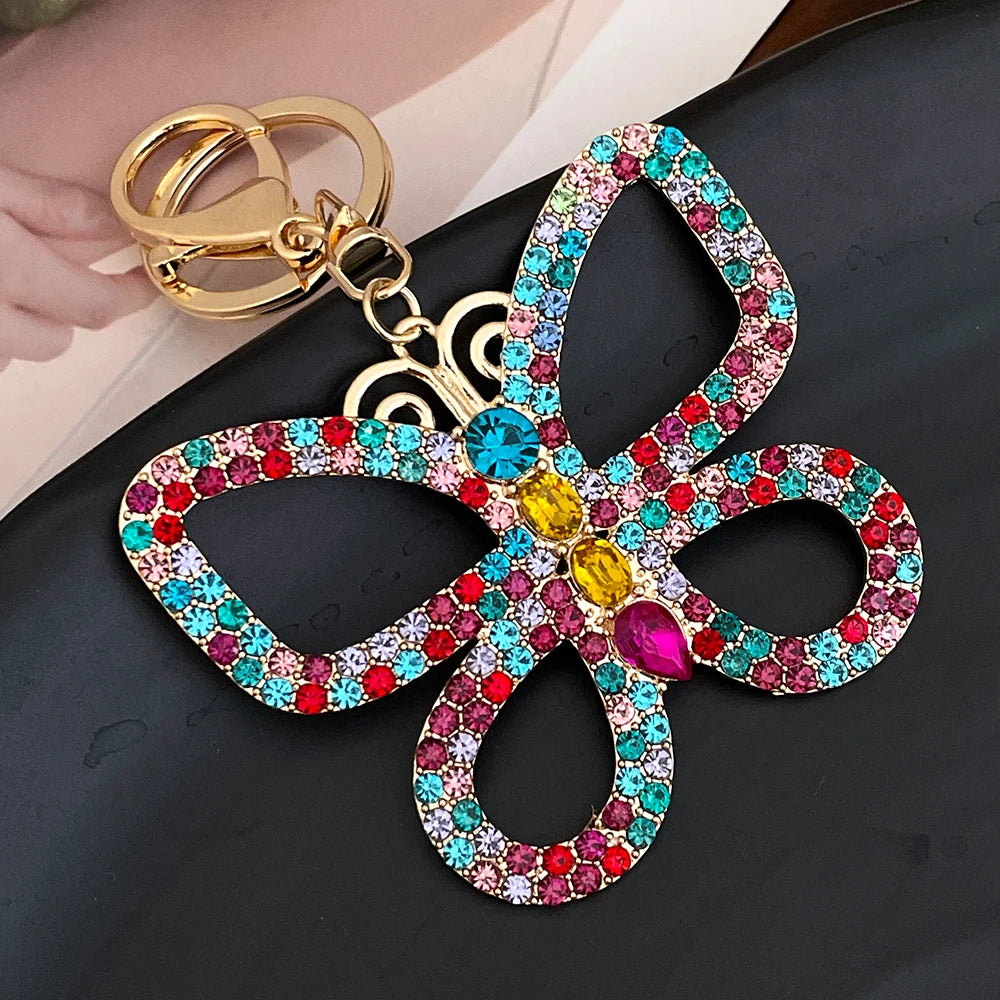 Large Crystal Mixed Color Butterfly Keychain Hollowed-out Design Women's Luxury Bag Pendant Souvenir Gift