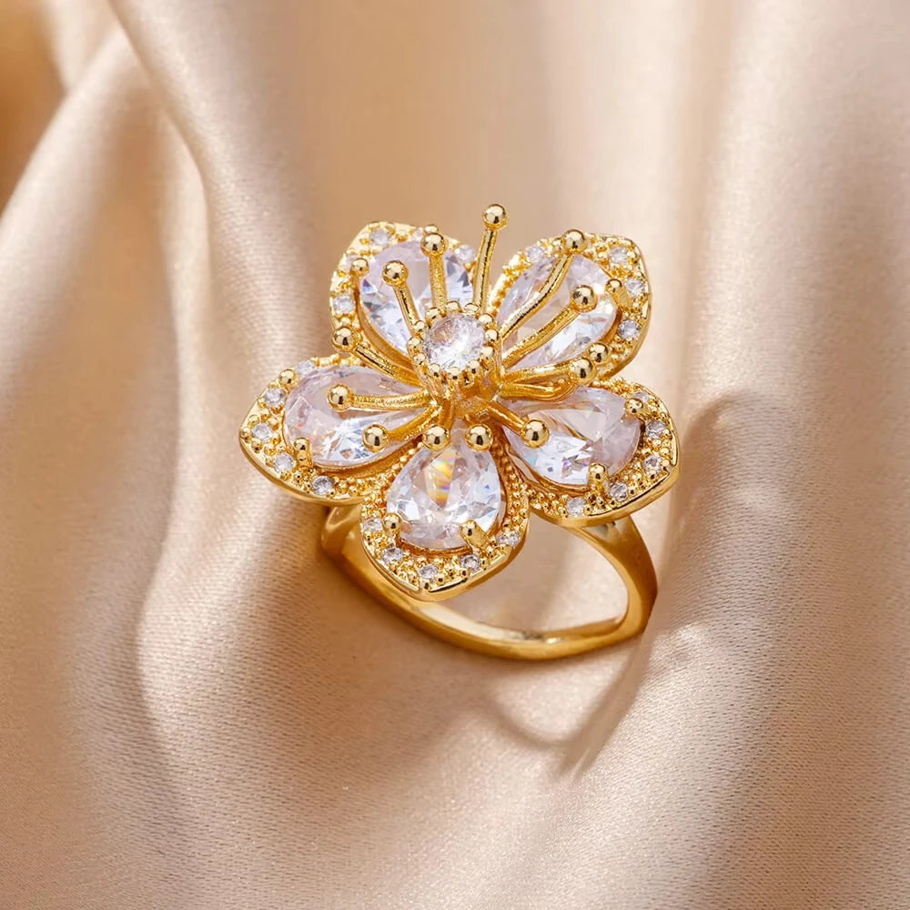 Stainless Steel Rings Gold Plated Colorful Stone Zircon Crystal Luxury Flower Ring For Women Wedding Jewelry Christmas Gift New
