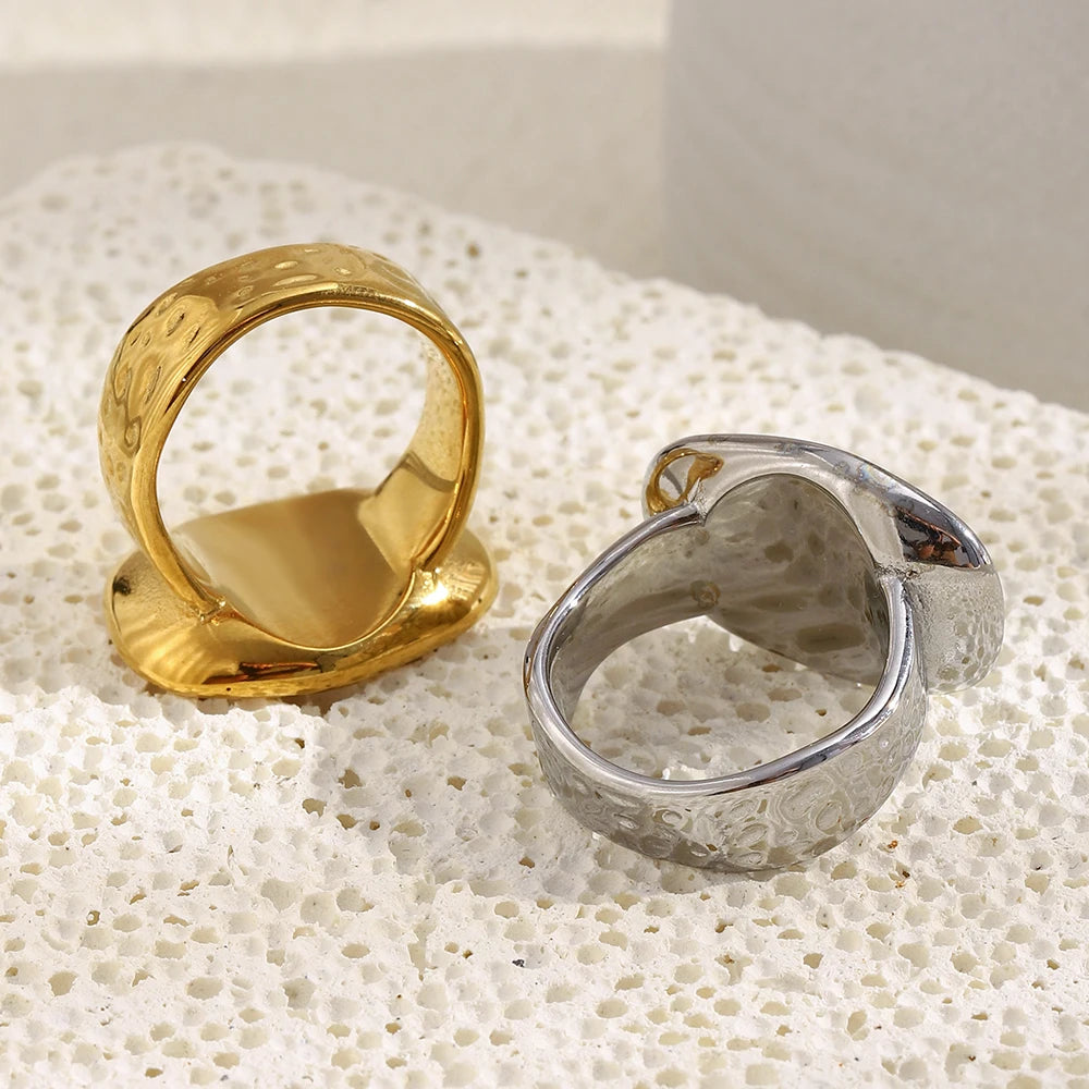 E.B.belle Stainless Steel Irregular Pattern Ring 18K Gold Plated Tarnish Free Hypoallergrnic Charm Jewelry For Wome's Gift
