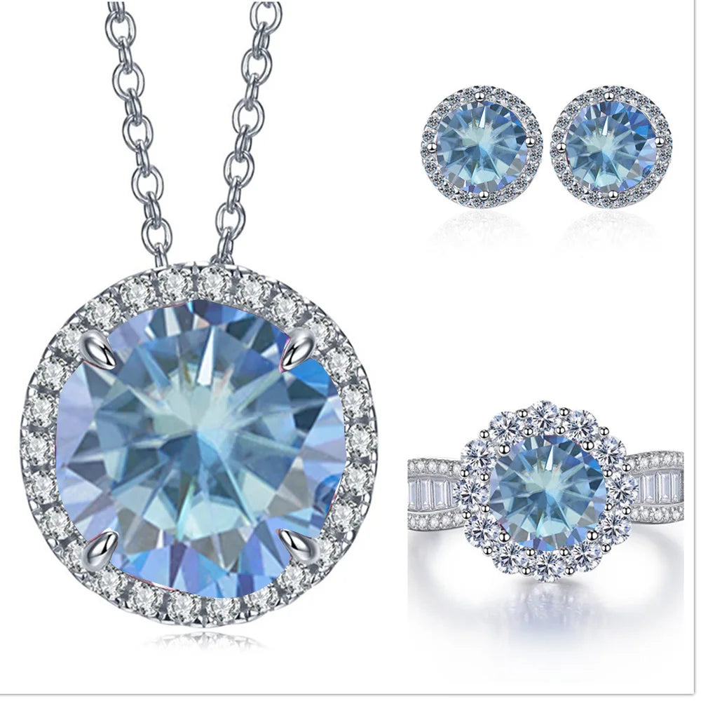 Total 9 Carat Moissanite Jewelry Set 925 Sterling Silver Ring Earrings Necklace Jewelry Pass Diamond Test with Black Card Gift