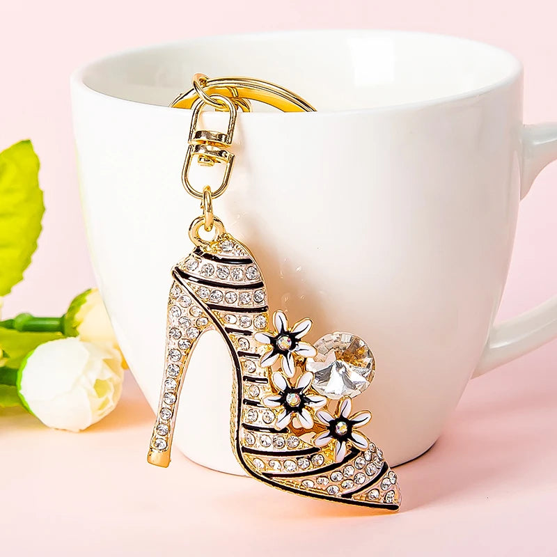 Elegant Flower High Heels Key Chain Women's Bag Pendant Alloy Rhinestone Car Key Ring Fashion Backpack Ornament