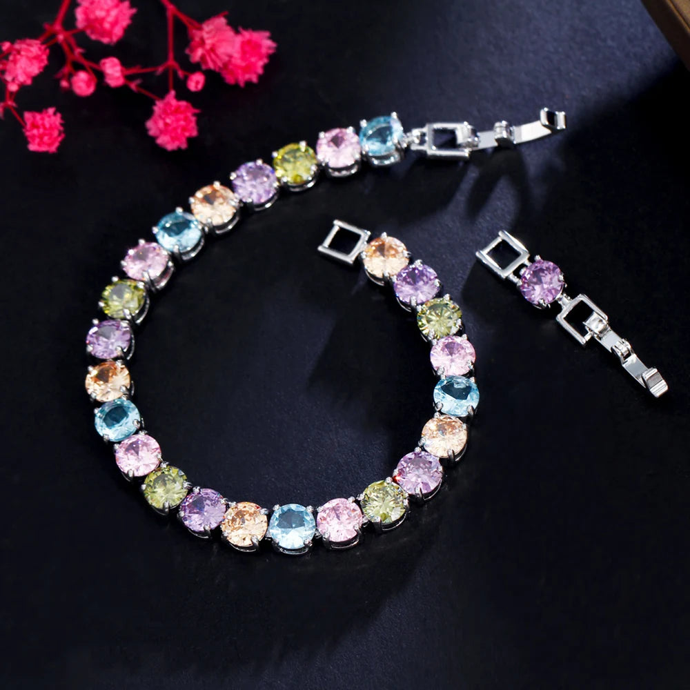 ThreeGraces Shiny Multicolor Cubic Zirconia Fashion Round CZ Tennis Bracelet for Women New Trendy Daily Party Jewelry BR388
