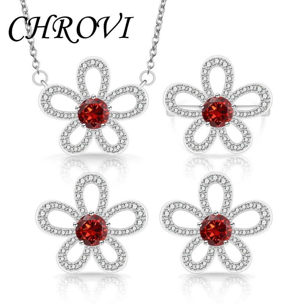 Sweet 925 sterling silver luxury full-diamond five-petal flower gemstone pendant ring earring three-piece jewelry set