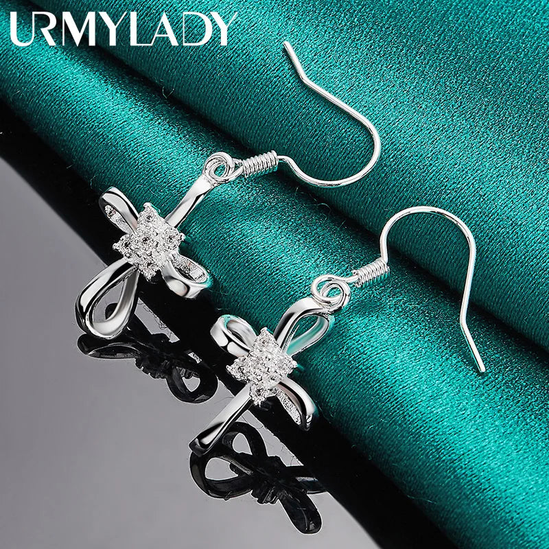URMYLADY 925 Sterling Silver Bowknot Zircon Earrings For Women Wedding Party Charm Jewelry