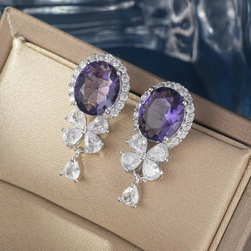 New Charming Purple Zircon Dangle Earrings Women Romantic Fashion Ear Accessories Female for Party Fancy Birthday Gift Jewelry