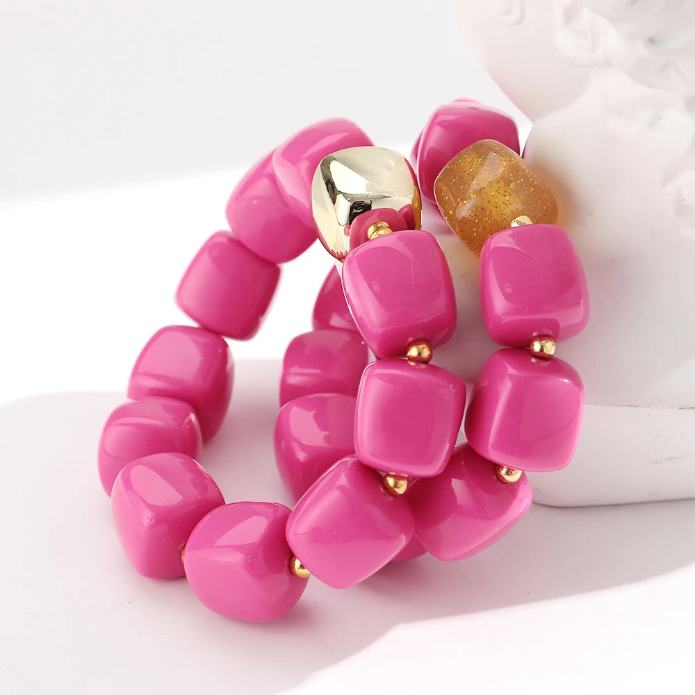 New Pink Square Breaded Elastic Bracelets for Women Resin Geometric Beads Stretch Cuff Bangle Bracelets Fashion Jewelry