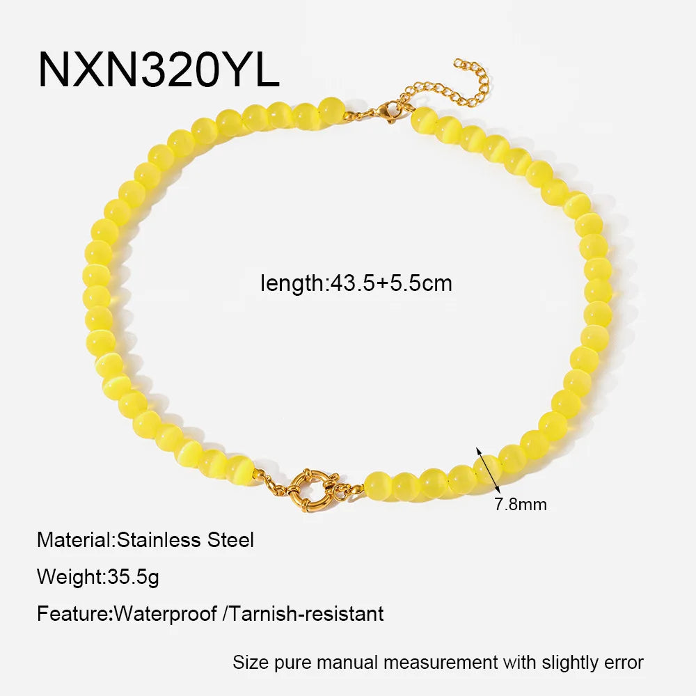 2026 Rainbow Cats Eye Glass Bead Choker Necklace 18K Gold Plated Stainless Steel Summer Bikini Gift for Women Girls