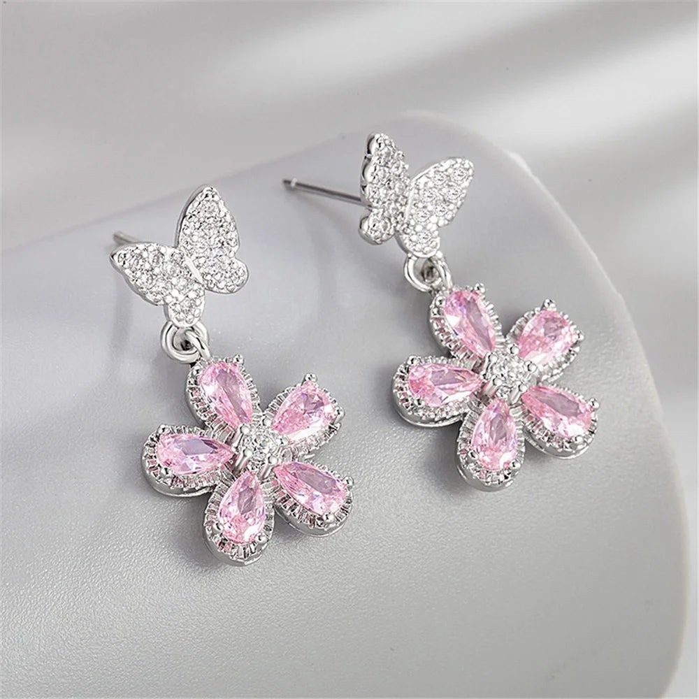 Cute Female Pink Zircon Stone Silver Color Stud Flower Earrings Lovely Bridal Wedding Jewelry For Women