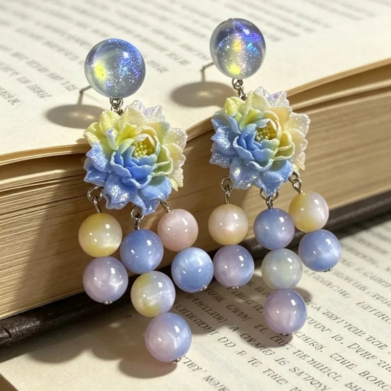Gradient Floral Earrings for Women Tassels Beads Vintage Palace Style Jewelry Elegant Fashion Light Luxury Aretes De Mujer