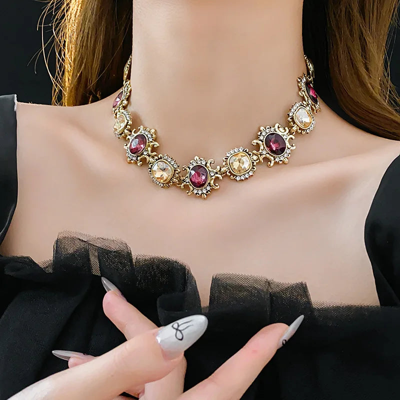 Vintage Square Rhinestone Round Drop Earring Chain Necklace Palace Style Luxury High-end Design Women's Jewelry Sets Wedding J