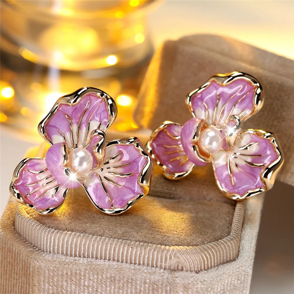 Cute Female White Pearl Purple Enamel Gold Color Flower Stud Earrings Lovely Bridal Wedding Jewelry For Women