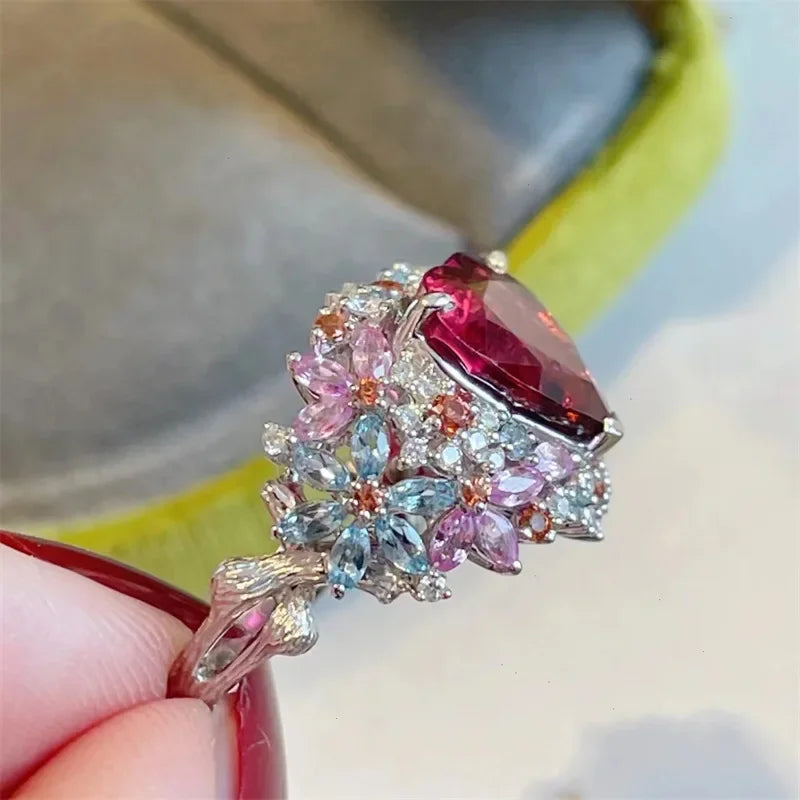 Simple Heart Ruby Ring for Women Female 925 Sterling Silver Open Finger Rings Romantic Gift for Girlfriend Zircon Jewelry