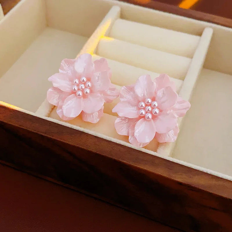 Kaitin Acrylic Pink Flower Pearl Earrings Ins Simple and Fashionable Earrings Temperament Versatile Earrings Wholesale for Women