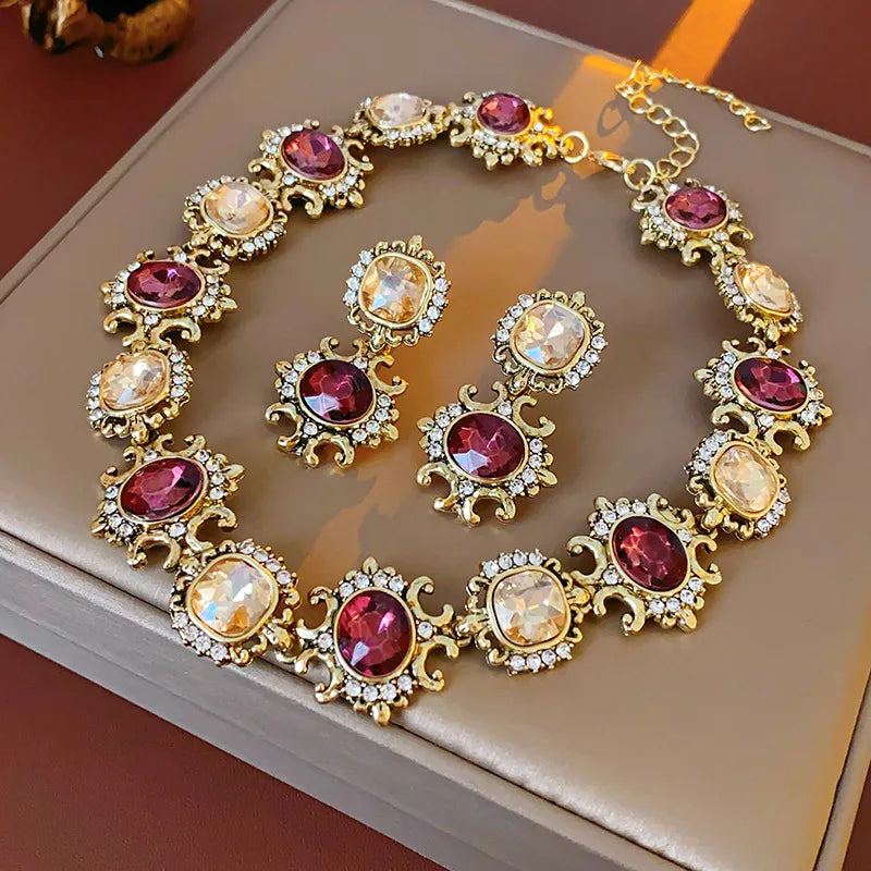Vintage Square Rhinestone Round Drop Earring Chain Necklace Palace Style Luxury High-end Design Women's Jewelry Sets Wedding J