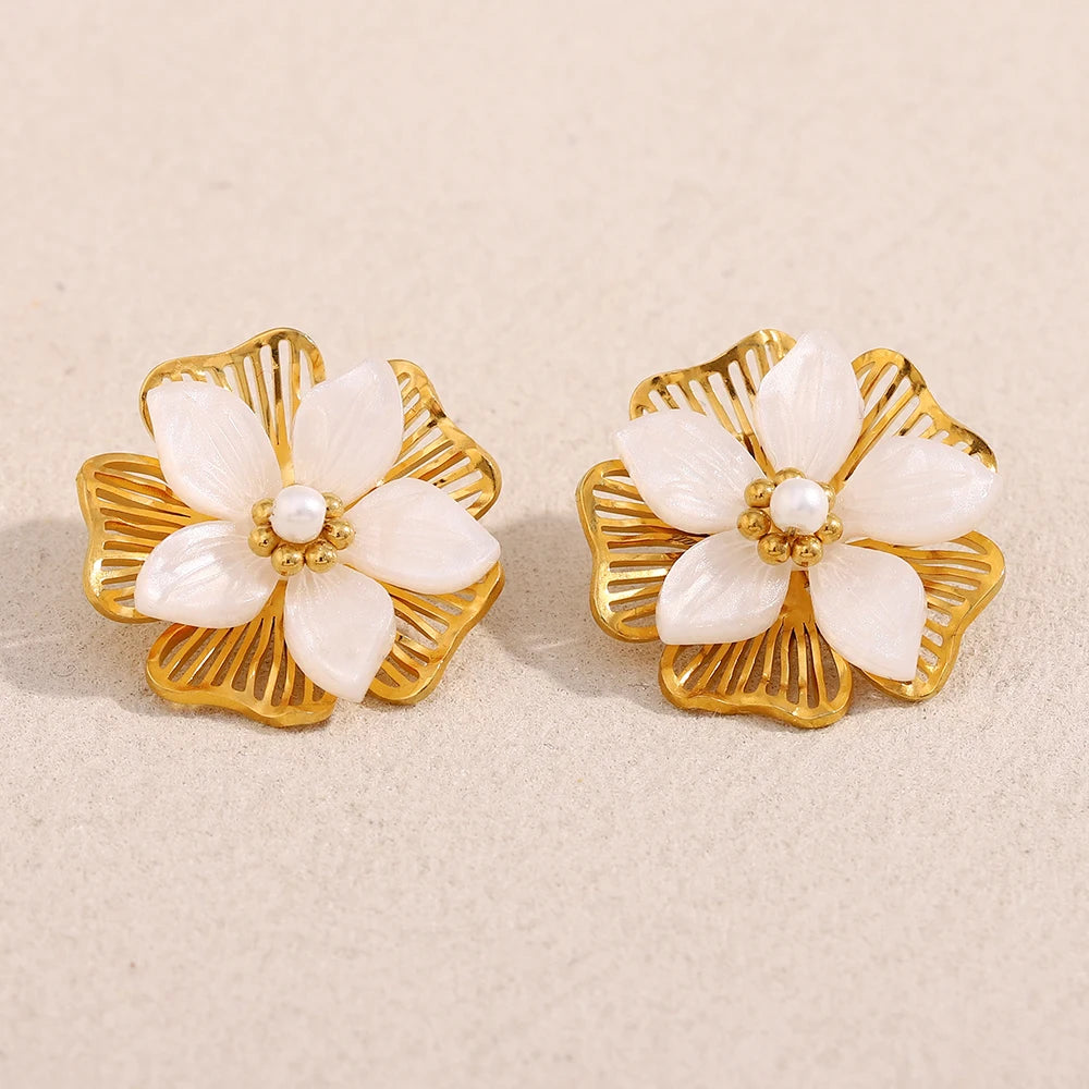 E.B.belle Double Layer Shell Flower Stud Earring PVD Plated Stainless Steel Waterproof Hypoallergenic Women Jewelry Accessories