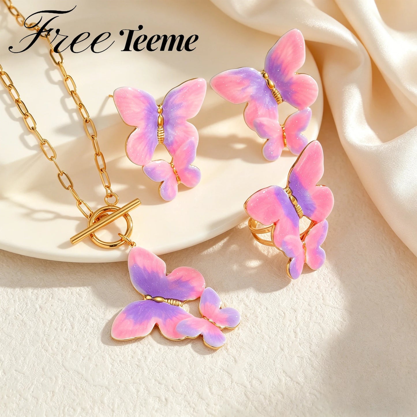 Freeteeme Stylish Dripping Oil Gradient Butterfly Necklace Ring Earrings Jewelry Set for Women Mom Gold Plated Birthday Gifts