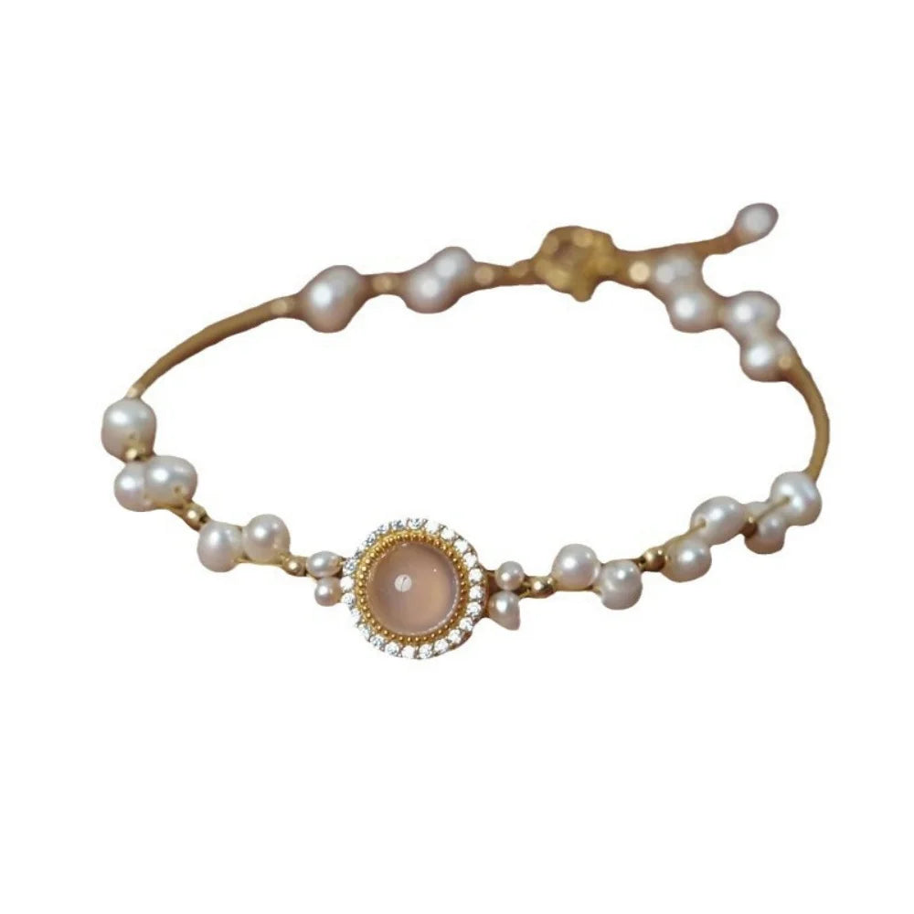 Charm Female Small Mermaid White Pearl Pink Zircon Bracelet Cute Gold Color Adjustable Wedding Jewelry For Women