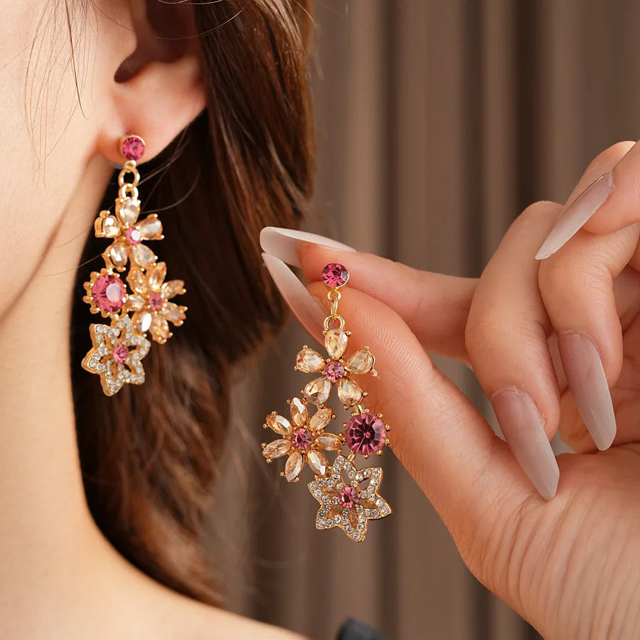 Vintage Inlaid Rhinestone Flowers Snowflake Jewelry Sets for Women Retro Exquisite Versatile Light Luxury Earring Necklace Set