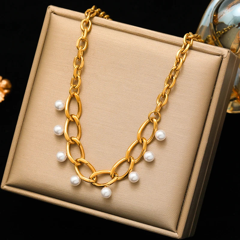 EILIECK 316L Stainless Steel Butterfly Pearl Long Pendant Necklace For Women Fashion Choker Clavicle Chain Waterpro Jewelry Gift