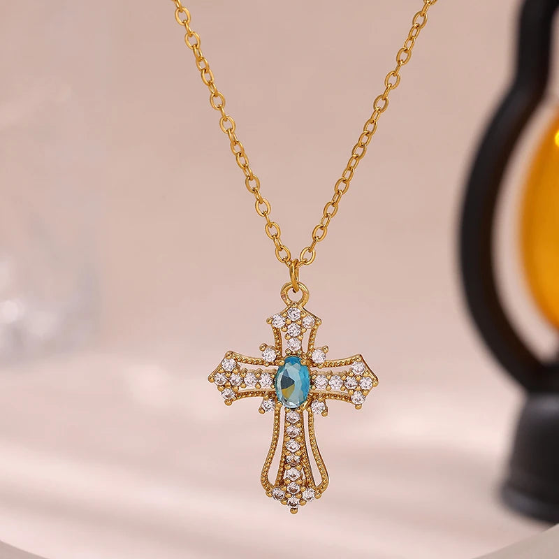 ANENJERY 316L Stainless Steel Crosss Pink Blue Zircon Necklace For Women Delicate Vintage French Personality Niche Jewelry Gifts