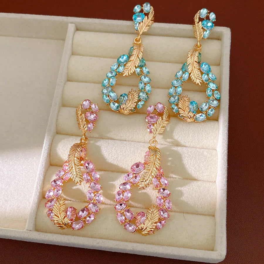 Vintage Rhinestone Inlaid Feather Drop Earrings Retro Style Light Luxury High Grade Elegant Exquisite Stud Ear Jewelry For Women