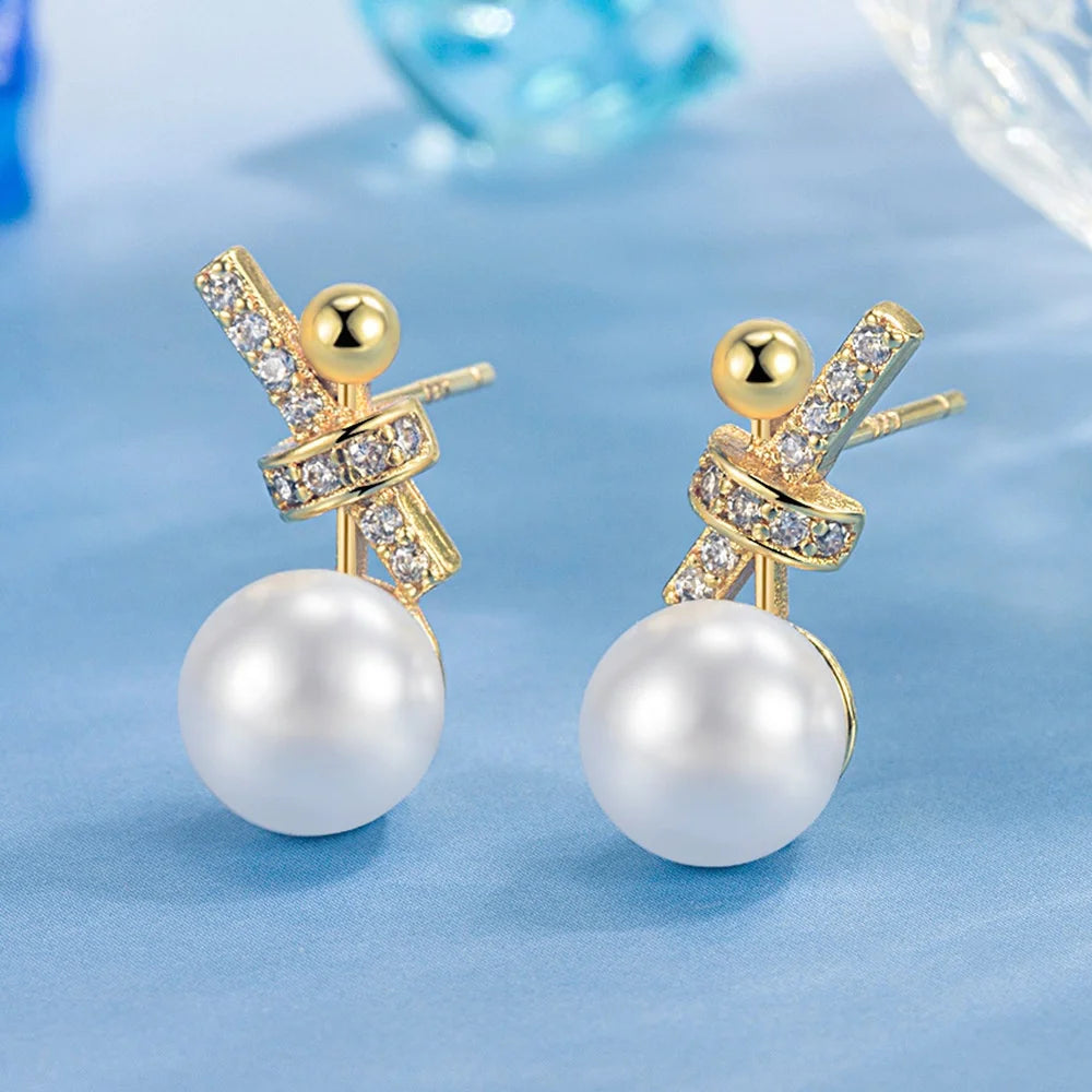 Luxury Charm Female White Zircon Oval Pearl Stud Earrings Gold Silver Color Wedding Jewelry For Women