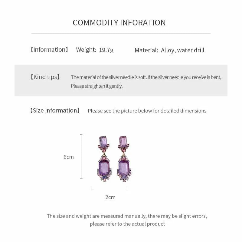 1 Pcs Purple Square Rhinestones Chokers Necklaces Retro Shiny Geometric Drop Earring Luxury Jewelry Set Gifts Wedding Party N