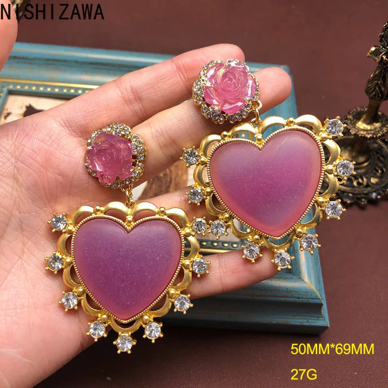 NISHIZAWA Gemstones Hearts Earrings for Women Palace Style Sweet Vintage Pendientes Mujer Fashion Elegant Simple Jewelry