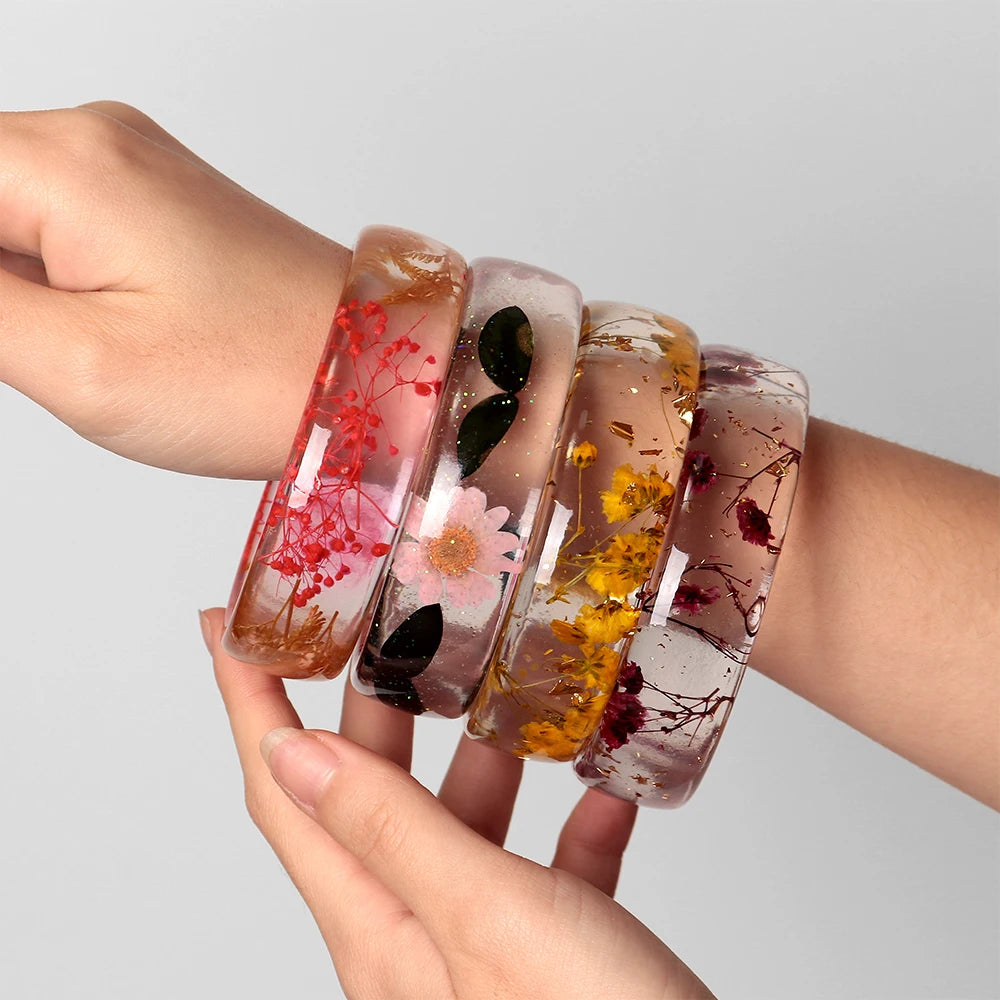 Vintage Dried Flowers Transparent Resin Chunky Bangles New Stackable Cuff Bangle Bracelets for Women Charm Jewelry