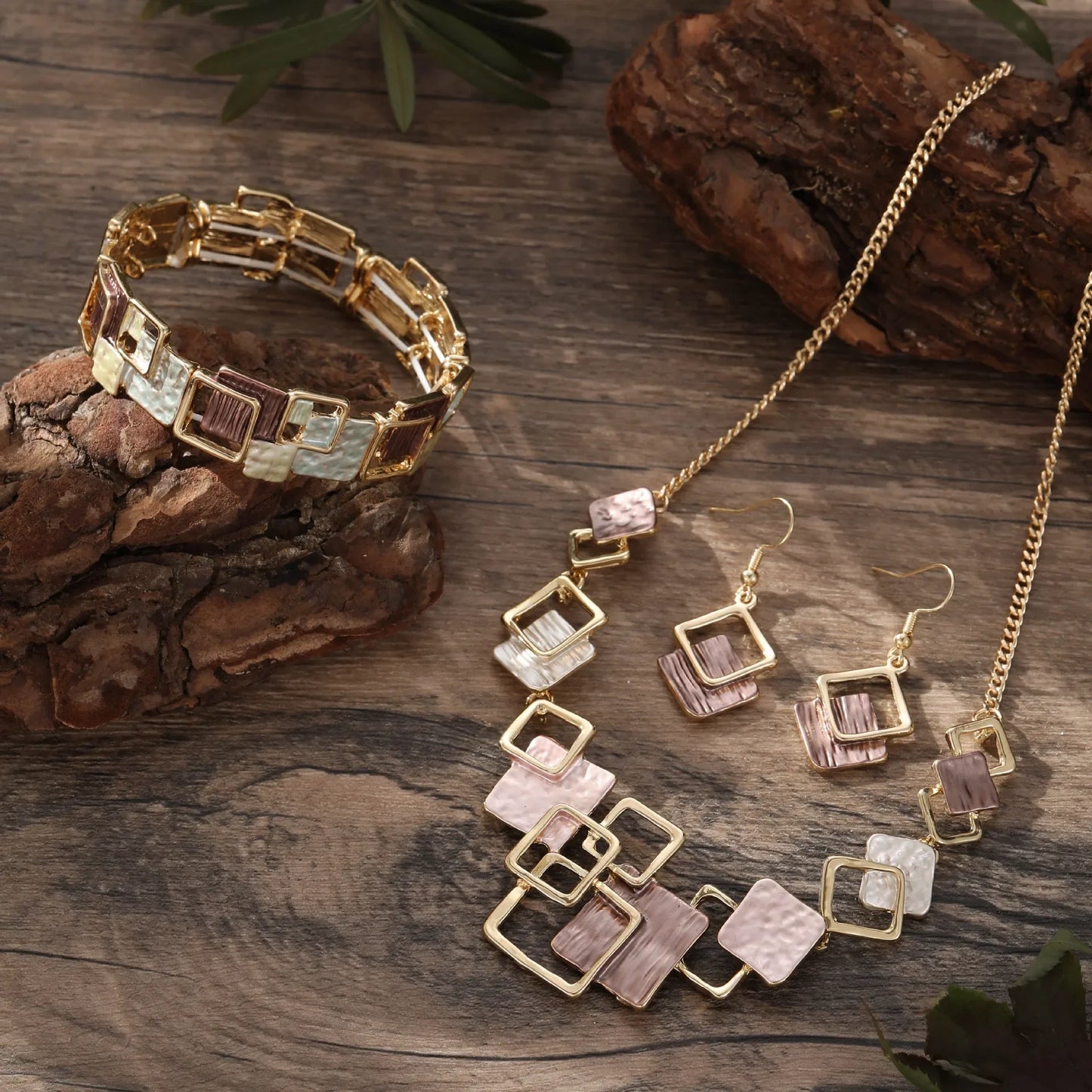new color painting oil geometric square stud earrings bracelet necklace set, high-end women's jewelry set
