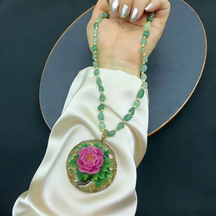 Turkish Natural Tourmaline Crystal Stone Neckalce Jade 3D Peony Flower Pattern Gemstone Pendant Charm Chain Women Lucky Jewelry