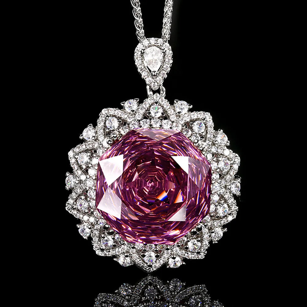 Retro 18mm Amethyst Pink Quartz Tourmaline Pendant Necklace for Women Lab Diamond Cocktail Party Fine Jewelry Accessories Gift