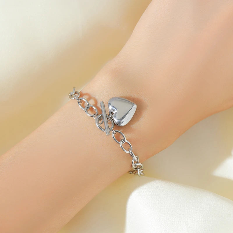 EILIECK 316L Stainless Steel Silver Color Heart Love Necklace Bracelets Set For Women Trendy OT Buckle Waterproof Jewelry Set