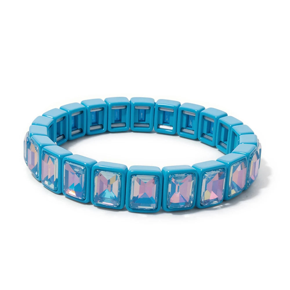 8x10mm Zirconia Enamel Bangle For Women Handmde Rainbow Color Elastic Beaded Bracelets
